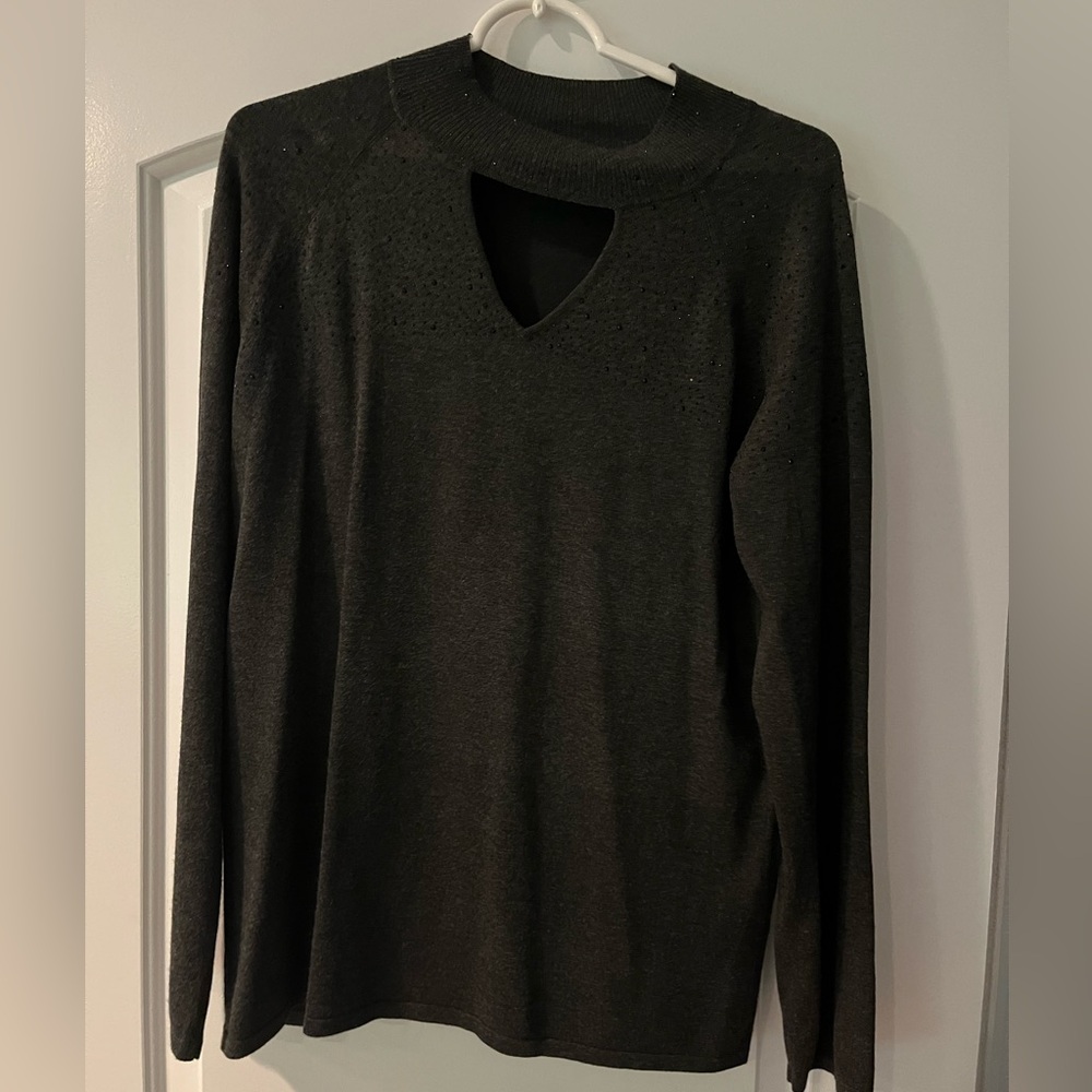 Charcoal gray, thin sweater with small beads at top and keyhole neckline. Size L